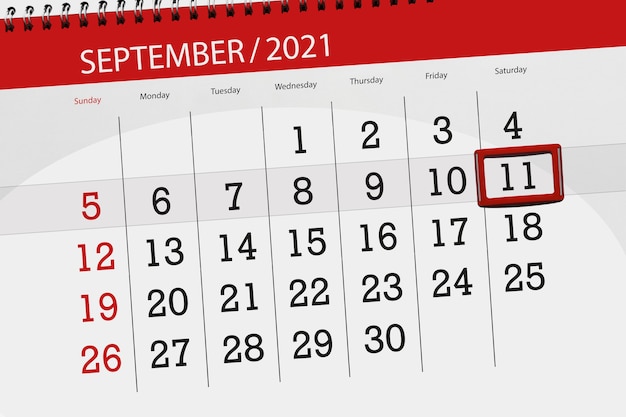 Planificateur de calendrier pour le mois de septembre 2021, jour de la date limite, 11 samedi.