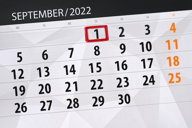 Planificateur de calendrier pour le mois de septembre 2022 date limite jour 1 jeudi