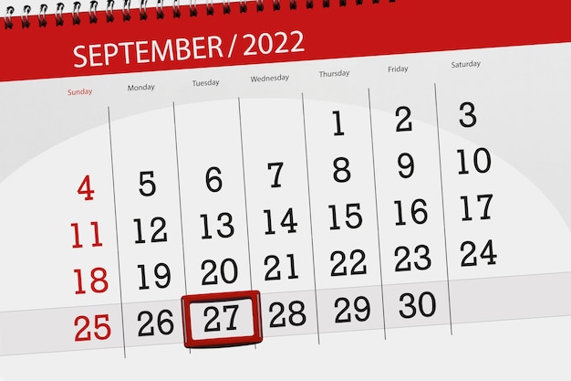 Planificateur de calendrier pour le mois de septembre 2022 date limite jour 27 mardi