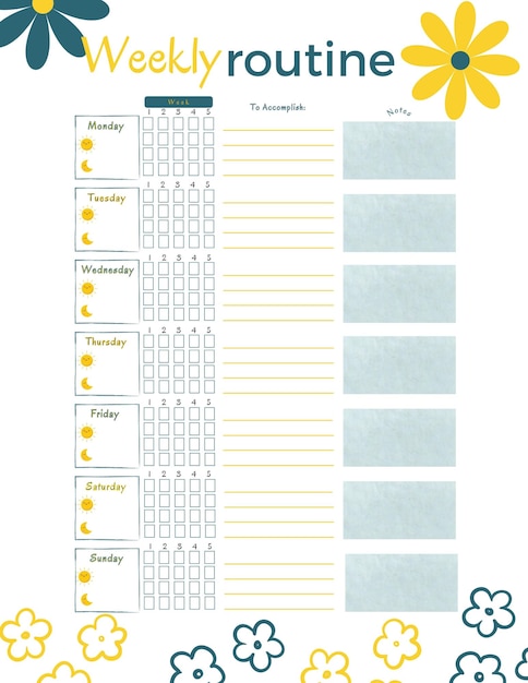 Photo planificateur de routine hebdomadaire modèle imprimable page blanche numérique