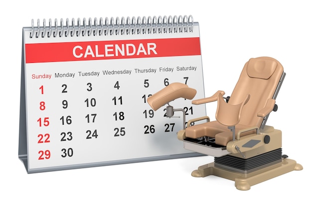 Planification de la visite chez le gynécologue Calendrier de bureau avec chaise d'examen gynécologique rendu 3D