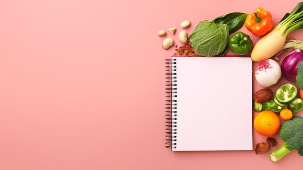 Planifiez votre mode de vie sain un cahier en spirale avec une page blanche est entouré de légumes colorés