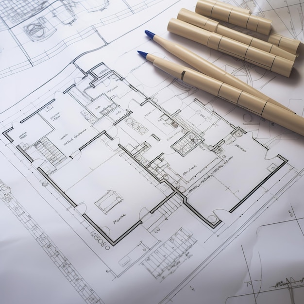 Plans de construction en gros plan Plan de dessin d'ingénierie de la maison sur papier