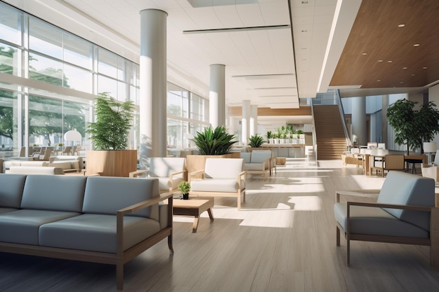 Plans intérieurs détaillés d'un hall d'hôpital moderne mettant en valeur le design élégant et confortable des sièges.