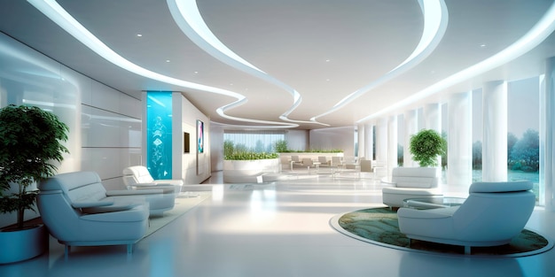 Plans intérieurs détaillés d'un hall d'hôpital moderne mettant en valeur le design élégant des sièges confortables et l'atmosphère accueillante AI générative