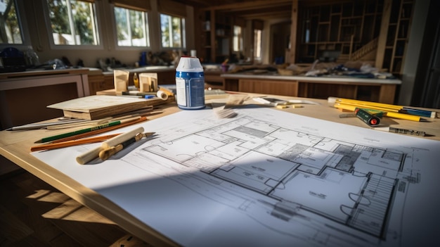 Les plans d'une résidence sur une table de travail pendant la construction de la rénovation en cours