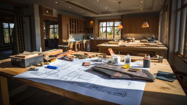 plans d'une résidence sur une table de travail pendant la construction de la rénovation