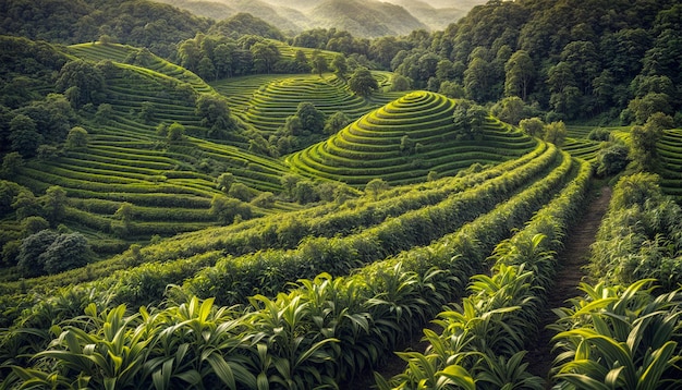 Plantage de café dans les hautes terres Plante de café dans la montagne fantastique du soir