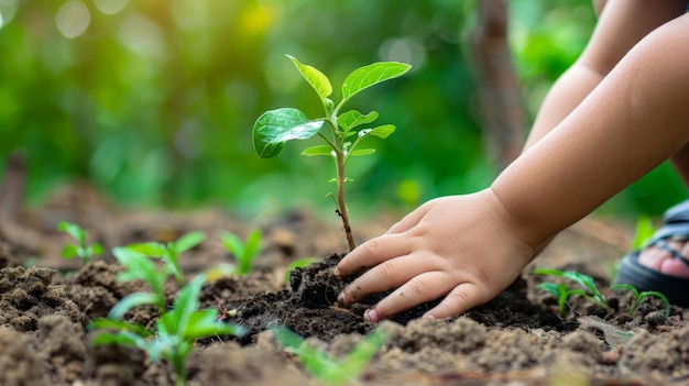 Plantage de jeunes arbres par enfant à la main sur le sol arrière en tant que concept de soin et de sauvetage