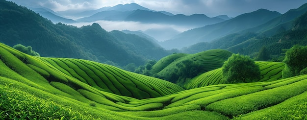 Plantage de thé paysage vert dans les montagnes