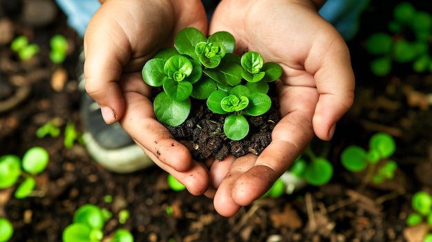 Plantage vert et jardinage Cultivation à la main de jeunes semis Concept d'agriculture environnementale