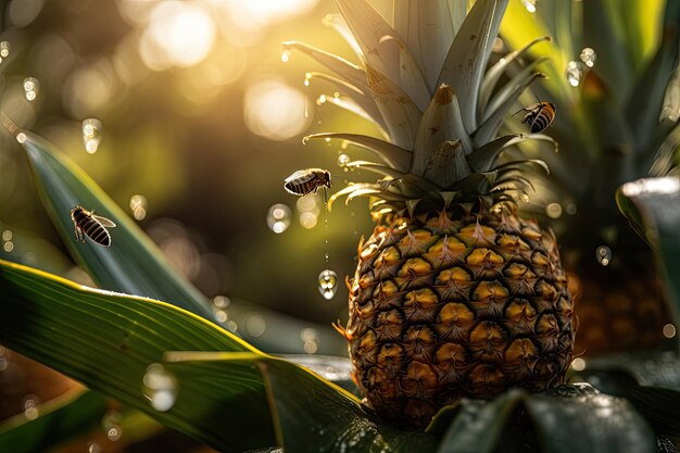 Plantation d'ananas sous un soleil éclatant fruits dorés papillons et abeilles Superbe scène tropicale IA générative