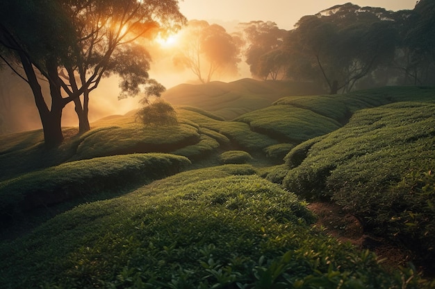 Plantation chinoise d'un thé au lever du soleil Generative AI