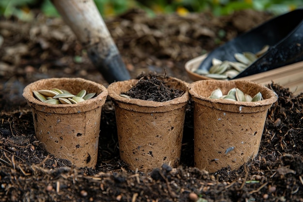 Photo plantation de graines dans un pot de tourbe semis de graines de citrouille dans le sol activité agricole et jardinage en gros plan