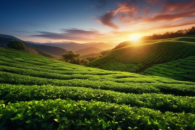 une plantation de thé avec un coucher de soleil en arrière-plan