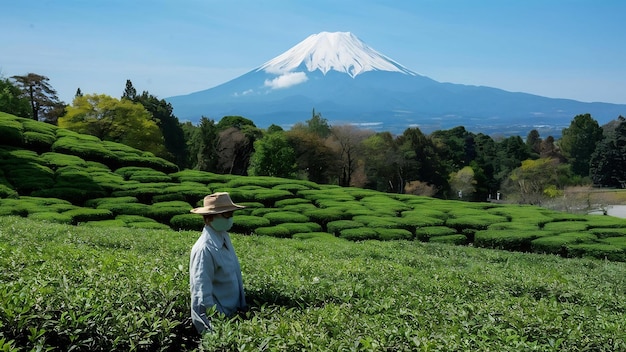 Plantation de thé sur le dos surplombant le mont Fuji avec un ciel clair à Shizuoka Obuchi Sasaba Japon