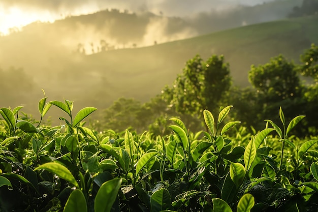 Plantation de thé vert au lever du soleil à l'arrière-plan de la nature