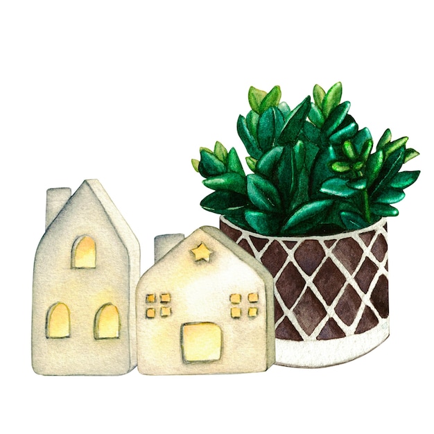 Plante d'accueil et lanternes de maisons en céramique Illustration aquarelle intérieur du salon Clipart Éléments de décor à la maison sur fond blanc