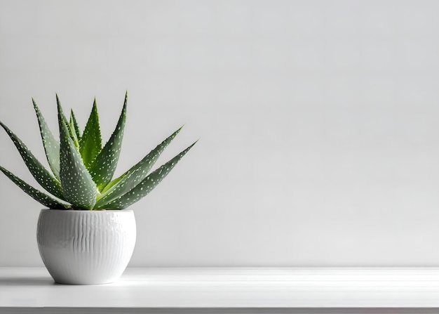 Photo une plante d'aloe vera dans un pot moderne sur une table en bois blanc contre un mur gris le concept de minim
