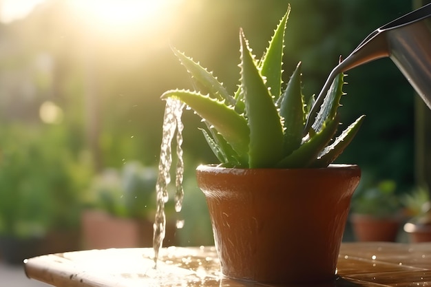 Plante d'aloe vera avec de l'eau sortant du pot