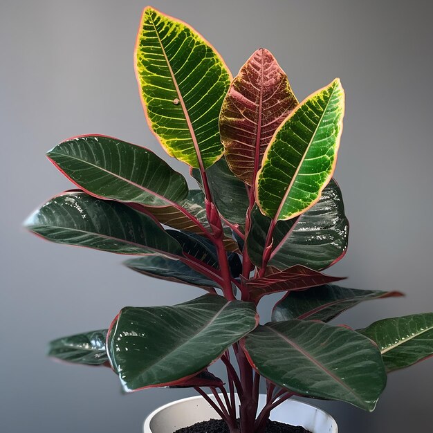 Une plante aux feuilles rouges et vertes est dans un pot blanc.