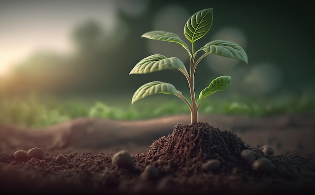 Une plante aux feuilles vertes au milieu du jour de la terre du sol