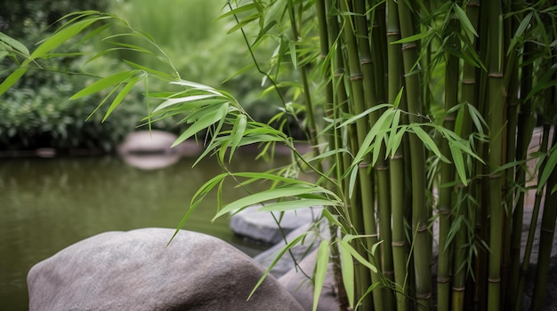 Une plante de bambou se trouve devant un étang.