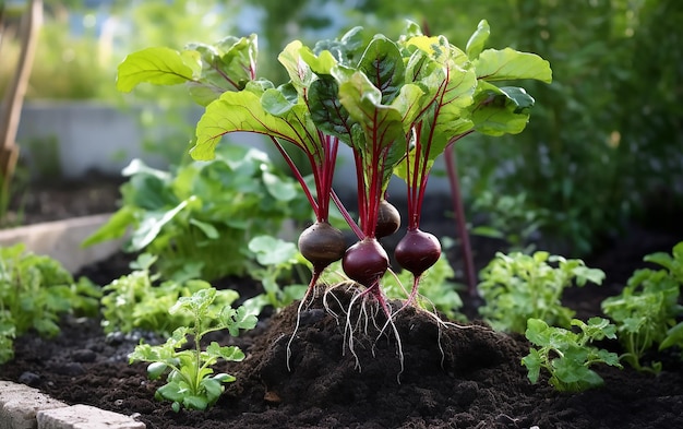 Une plante de betterave dans un jardin avec les racines montrant.