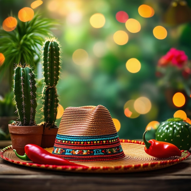 Plante de cactus Cinco de Mayo avec un chapeau avec un instrument de musique