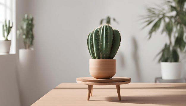 une plante de cactus est sur une table en bois dans une pièce