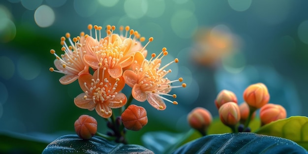 Plante de café avec fleurs et fruits avec une concentration sélective sur les fleurs