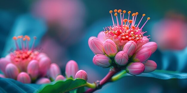 Plante de café avec fleurs et fruits avec une concentration sélective sur les fleurs