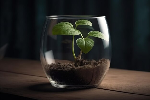 Une plante dans un bol en verre avec le mot plante dessus