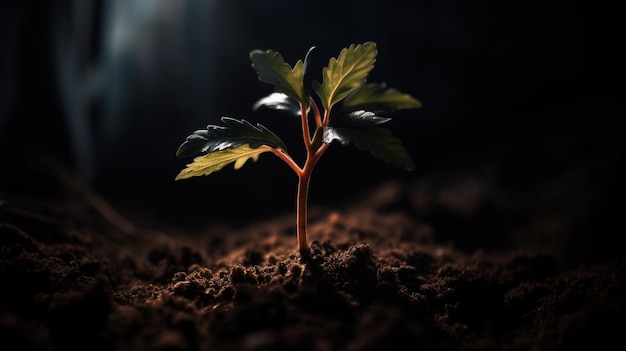 Une plante dans le noir avec la lumière qui brille dessus