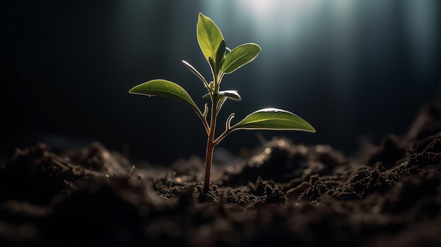 Une plante dans le noir avec le soleil qui brille dessus