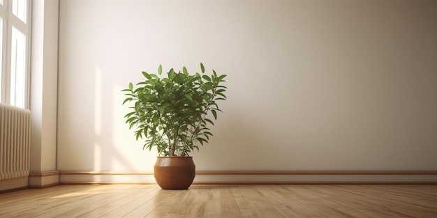 Une plante dans une pièce avec un mur blanc et une fenêtre.
