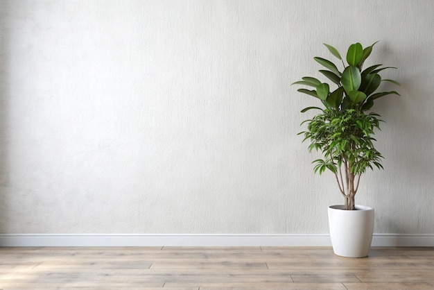 une plante dans un pot blanc est assise sur un sol en bois