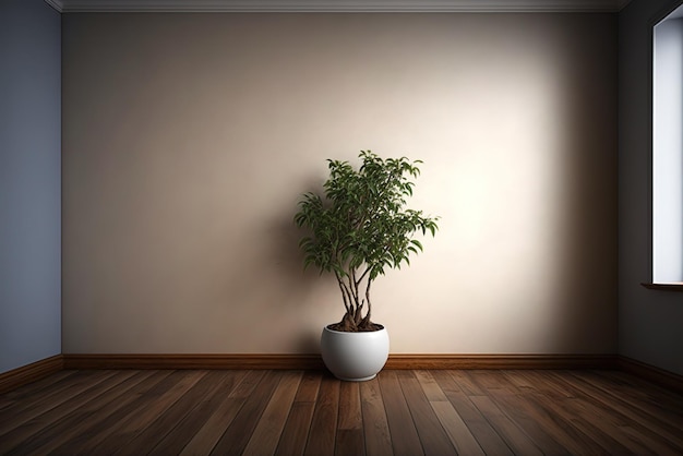 Une plante dans un pot blanc sur un plancher en bois