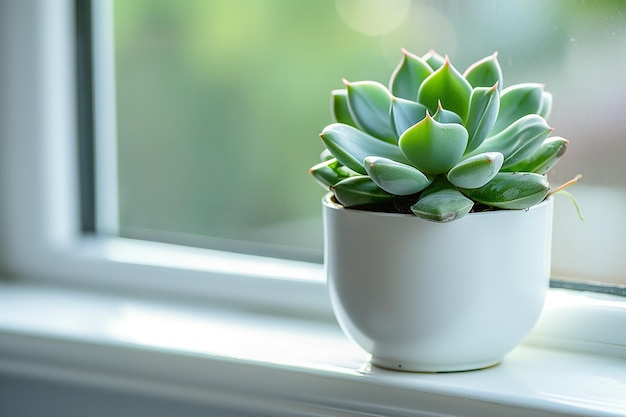 une plante dans un pot blanc sur un rebord de fenêtre