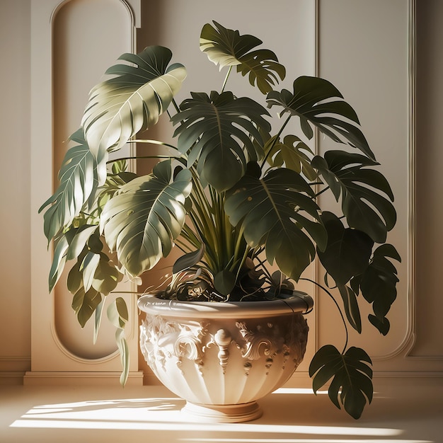 Photo une plante dans un pot est assise sur une table avec le soleil qui brille à travers la fenêtre