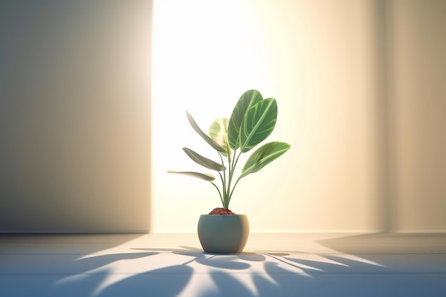 Une plante dans un pot avec une lumière qui brille dessus