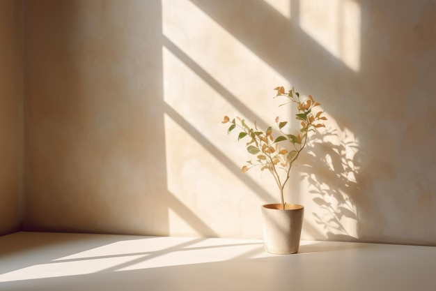 Une plante dans un pot sur une table devant un mur avec le soleil qui brille à travers la fenêtre.