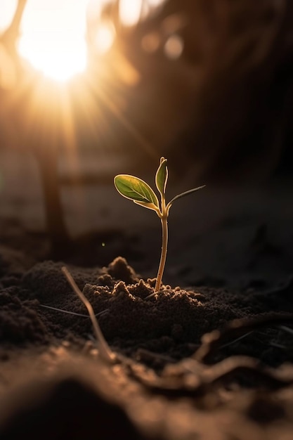 Une plante dans le sable avec le soleil qui brille dessus