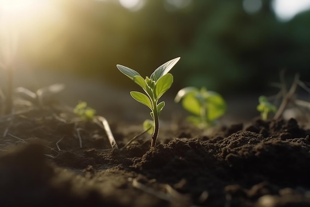 Une plante dans le sol avec le soleil qui brille dessus