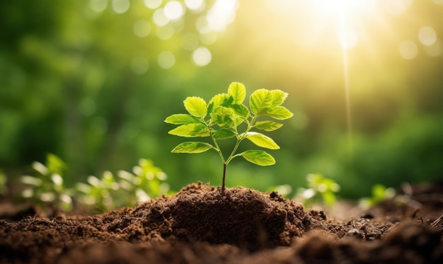 Une plante dans le sol avec le soleil qui brille dessus