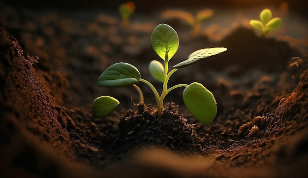 Une plante dans le sol avec le soleil qui brille dessus