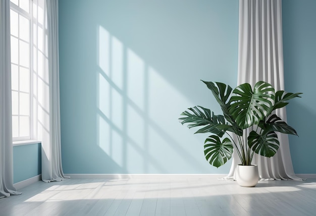 une plante dans un vase blanc est assise devant un mur bleu