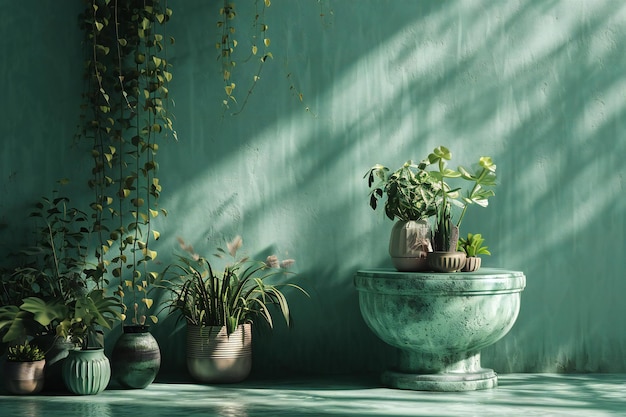 Plante dans un vase sur le fond vert du mur des images de style effet vintage