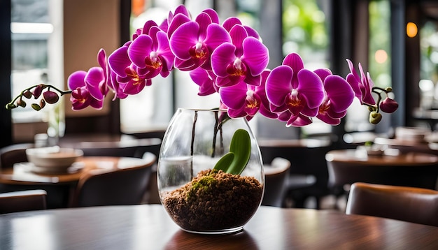 une plante dans un vase avec des orchidées violettes dedans