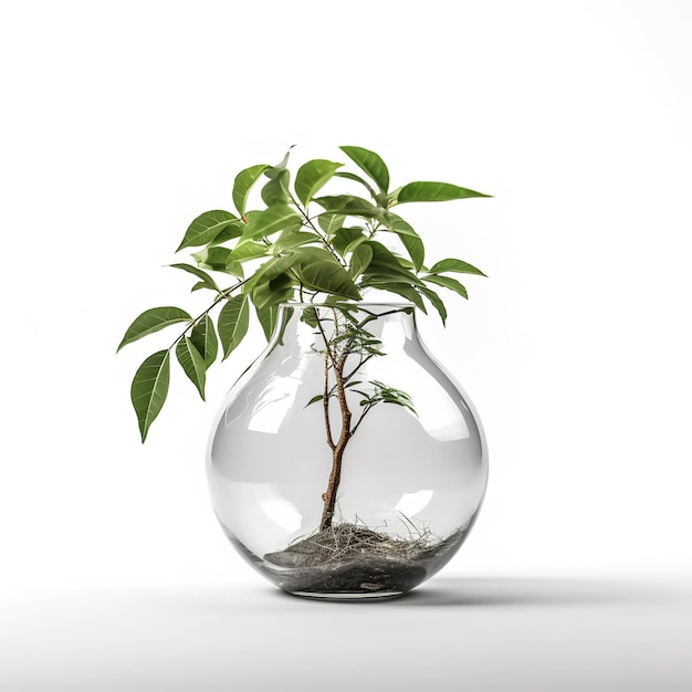 Une plante dans un vase en verre avec un fond blanc.